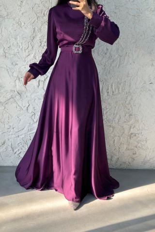 Satin Hijab Evening Dress with Stone Detail, Plum