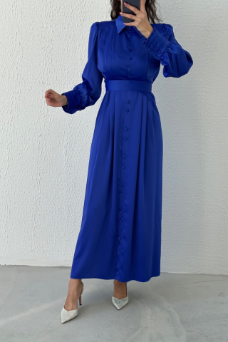 Boydan Düğmeli Saten Tesettür Abiye Saks Mavisi