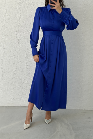 Boydan Düğmeli Saten Tesettür Abiye Saks Mavisi