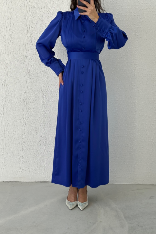 Boydan Düğmeli Saten Tesettür Abiye Saks Mavisi