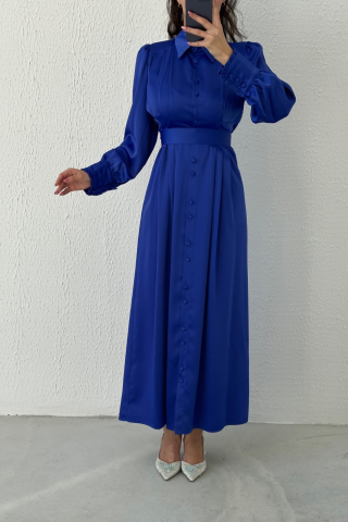 Boydan Düğmeli Saten Tesettür Abiye Saks Mavisi