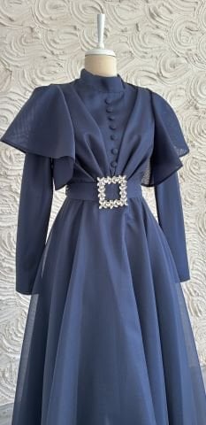Glamorous Organza Hijab Evening Dress Navy Blue