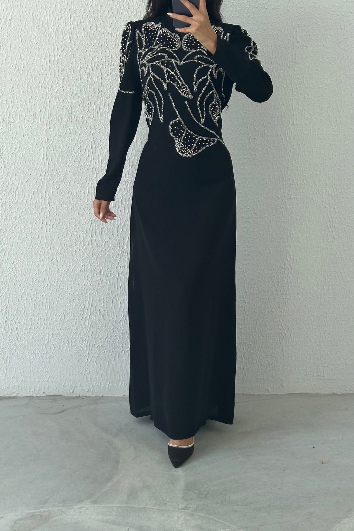 Fine Stone Embroidered Crepe Hijab Evening Dress Navy Blue