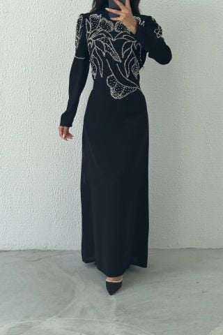 Fine Stone Embroidered Crepe Hijab Evening Dress Navy Blue