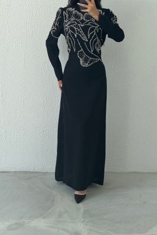 Fine Stone Embroidered Crepe Hijab Evening Dress Navy Blue