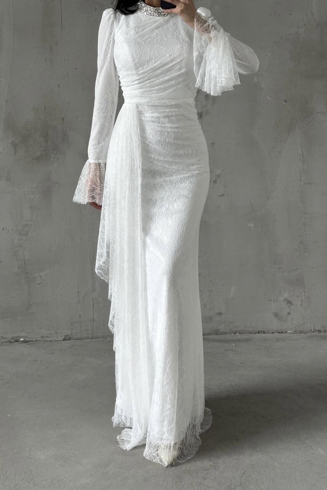 Lace Hijab Evening Dress White