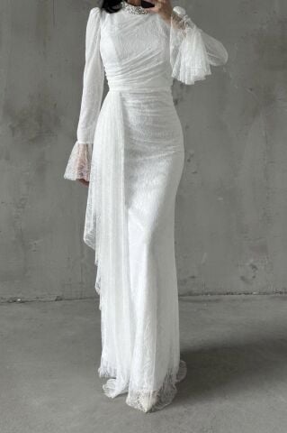 Lace Hijab Evening Dress White