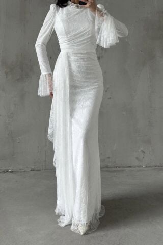 Lace Tesettür Abiye Beyaz
