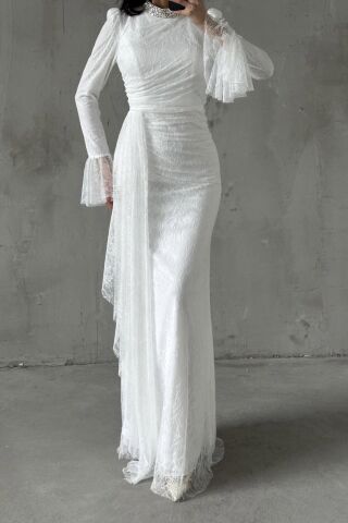 Lace Hijab Evening Dress White