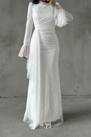 Lace Hijab Evening Dress White