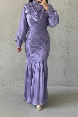 Pleated Waistline Pleated Janjan Hijab Evening Dress Lilac