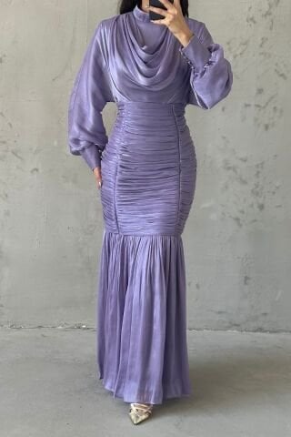 Pleated Waistline Pleated Janjan Hijab Evening Dress Lilac