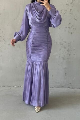 Pleated Waistline Pleated Janjan Hijab Evening Dress Lilac