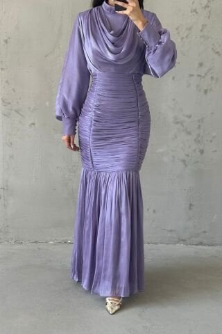 Pleated Waistline Pleated Janjan Hijab Evening Dress Lilac