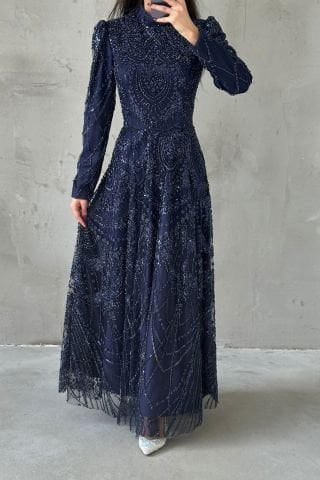 Embroidered Flowing Elegant Hijab Evening Dress Navy Blue