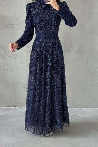 İşlemeli Dökümlu Zarif Tesettür Abiye Lacivert