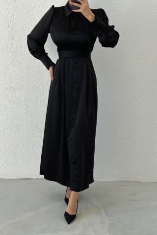 Boydan Düğmeli Saten Tesettür Abiye Siyah