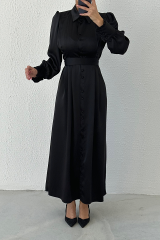 Buttoned Satin Hijab Evening Dress Black