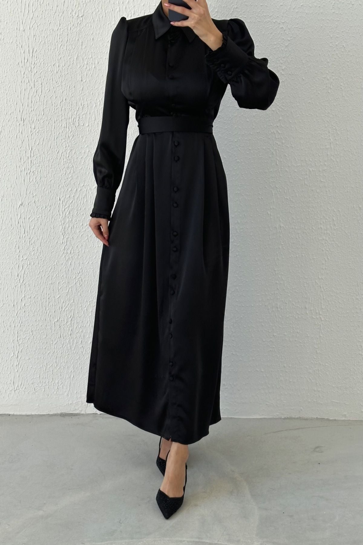 Boydan Düğmeli Saten Tesettür Abiye Siyah