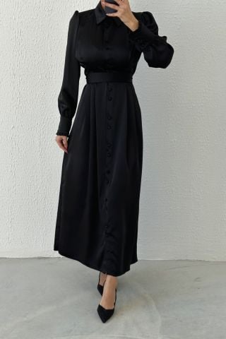 Buttoned Satin Hijab Evening Dress Black