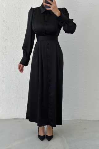 Buttoned Satin Hijab Evening Dress Black