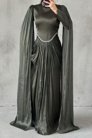 Sparkling Touch Sleeve Detailed Hijab Evening Dress Dark Khaki