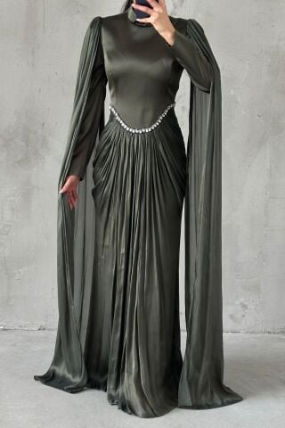 فستان سهرة حجابي بأكمام متلألئة، لون كاكي داكن