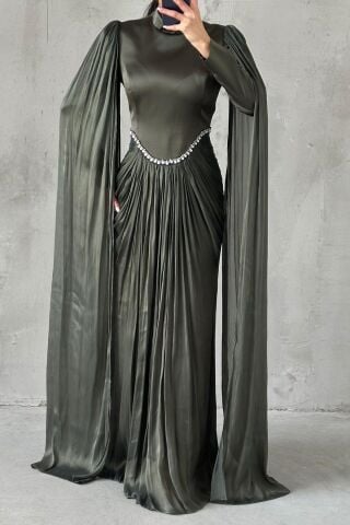 فستان سهرة حجابي بأكمام متلألئة، لون كاكي داكن