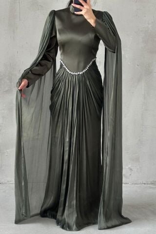 فستان سهرة حجابي بأكمام متلألئة، لون كاكي داكن