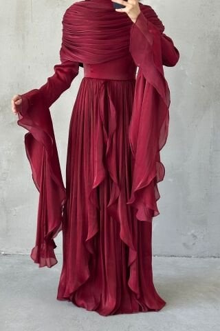 Ruffle Detailed Janjan Hijab Evening Dress Burgundy