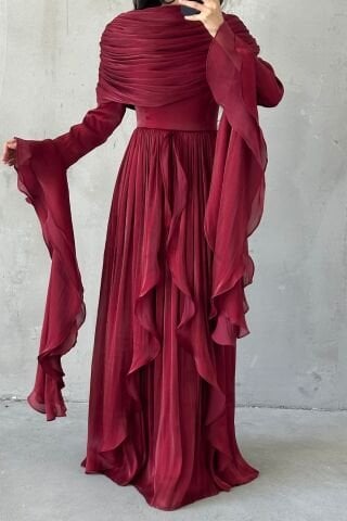 Volan Detaylı Fırfırlı Janjan Tesettür Abiye Bordo
