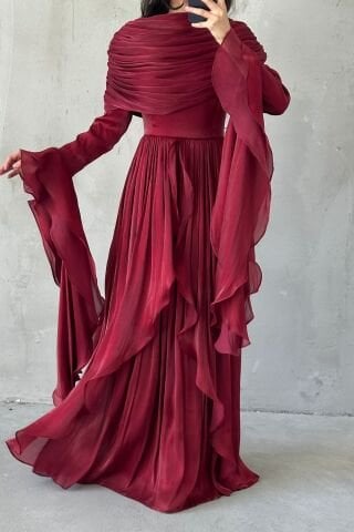 Volan Detaylı Fırfırlı Janjan Tesettür Abiye Bordo