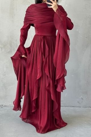 Volan Detaylı Fırfırlı Janjan Tesettür Abiye Bordo
