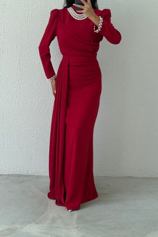 Elegant Crepe Hijab Evening Dress Embellished with Pearls Burgundy