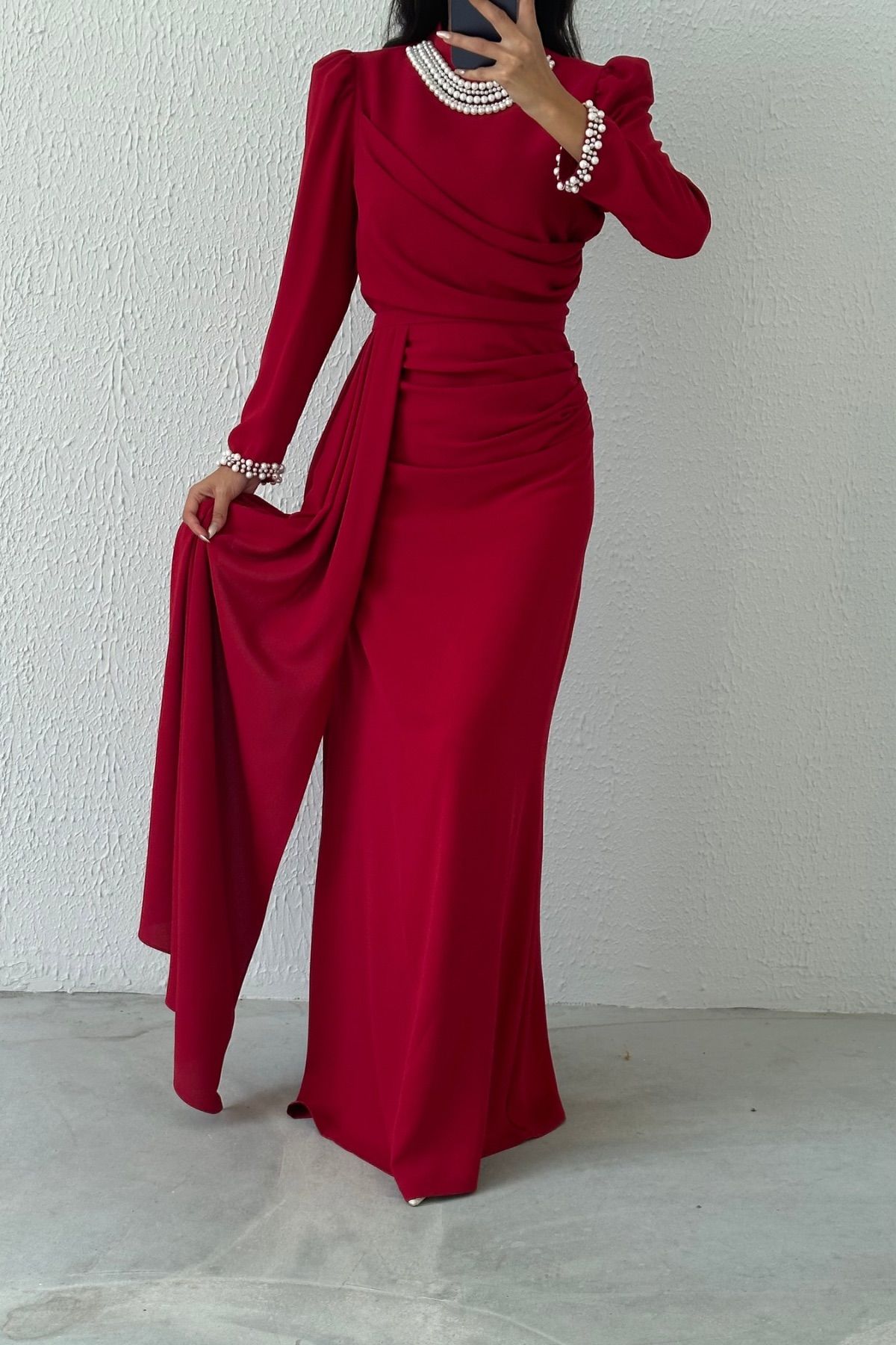 Elegant Crepe Hijab Evening Dress Embellished with Pearls Burgundy