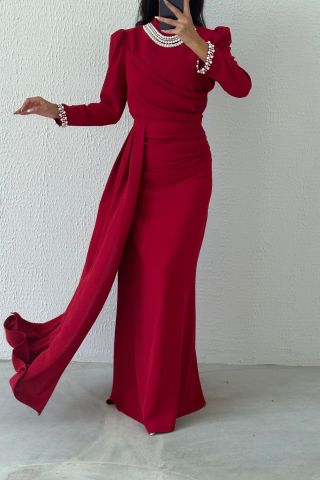 Elegant Crepe Hijab Evening Dress Embellished with Pearls Burgundy