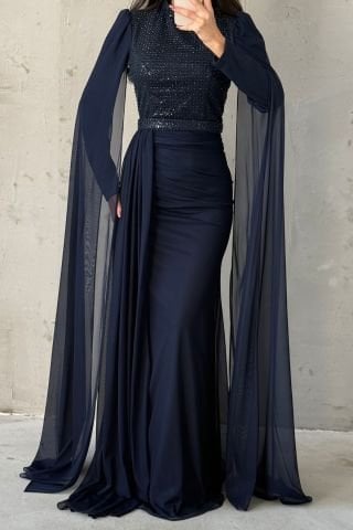 Işıltılı Tasarım Kol Detaylı Şifon Tesettür Abiye Lacivert