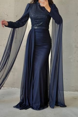 Işıltılı Tasarım Kol Detaylı Şifon Tesettür Abiye Lacivert