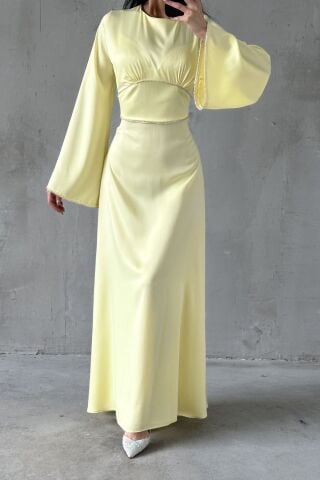 Yellow Satin Modest Evening Dress with Ruffled Sleeves and Pearl Embellishments on Sleeves and Waist