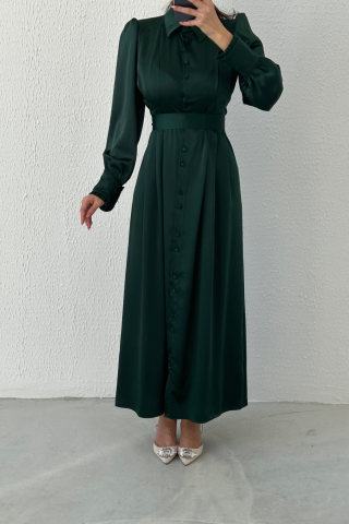 Boydan Düğmeli Saten Tesettür Abiye Yeşil