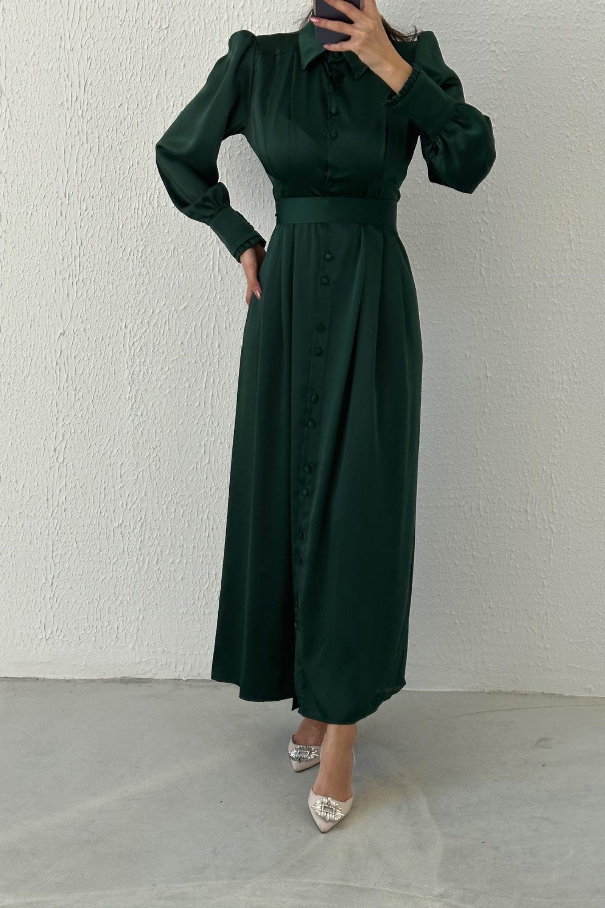 Boydan Düğmeli Saten Tesettür Abiye Yeşil