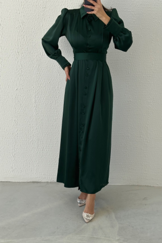 Buttoned Satin Hijab Evening Dress Green