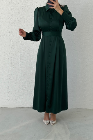 Boydan Düğmeli Saten Tesettür Abiye Yeşil
