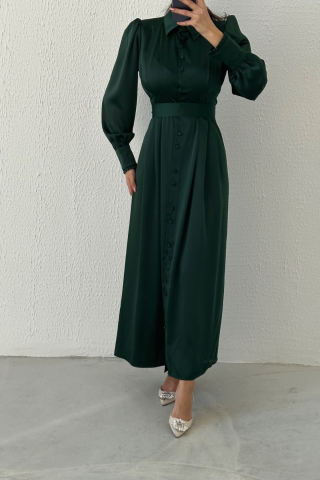Boydan Düğmeli Saten Tesettür Abiye Yeşil