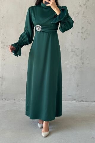 Elegant Design Stone Detailed Flounce Sleeve Hijab Evening Dress Green
