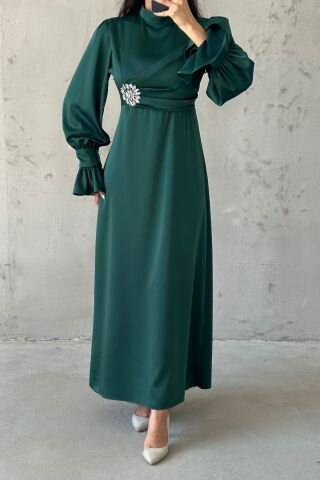 Elegant Design Stone Detailed Flounce Sleeve Hijab Evening Dress Green