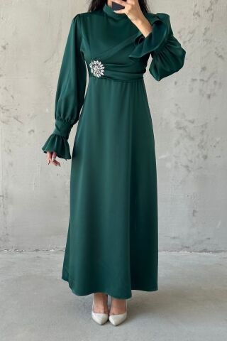 Elegant Design Stone Detailed Flounce Sleeve Hijab Evening Dress Green