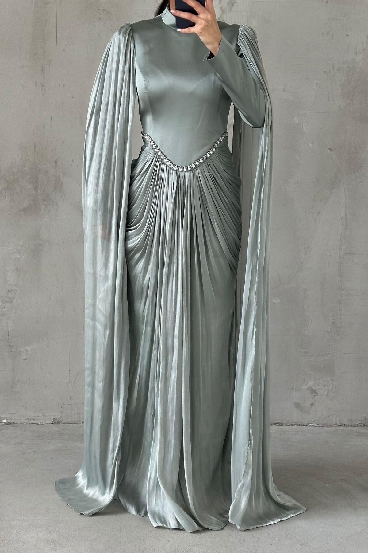 Sparkling Touch Sleeve Detailed Modest Evening Dress in Mint Green