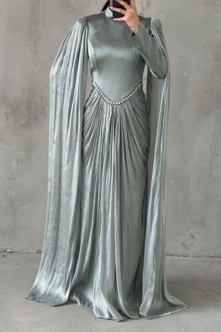 Sparkling Touch Sleeve Detailed Modest Evening Dress in Mint Green