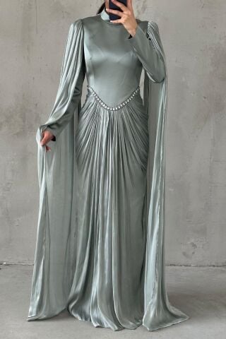 Sparkling Touch Sleeve Detailed Modest Evening Dress in Mint Green
